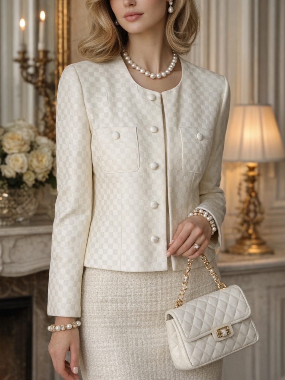 Talbots Vintage Cream Textured Check Collarless Blazer